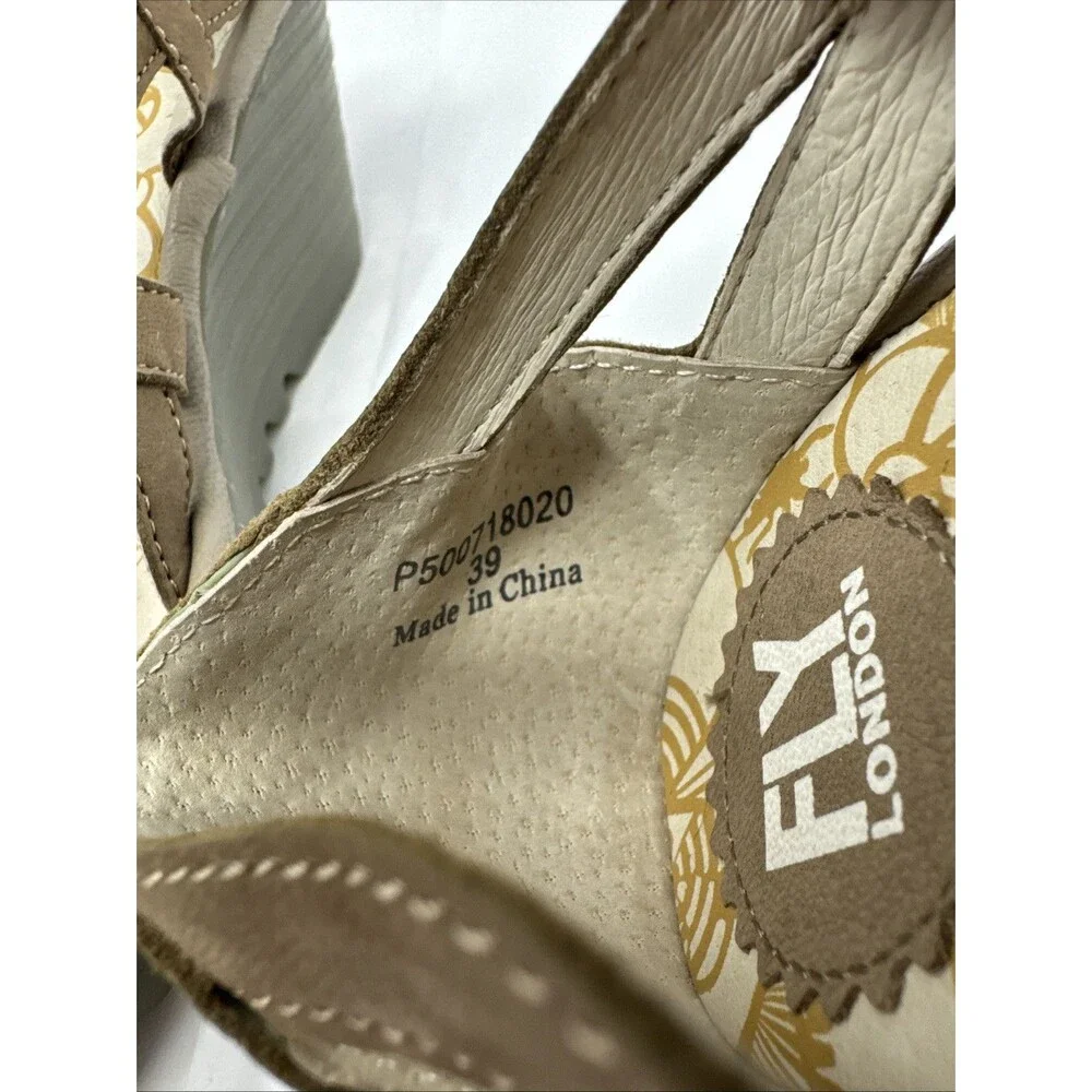 Fly London Yadi Taupe Leather Slip on Cutout Peep-toe Wedge Sandals 39 8 8.5